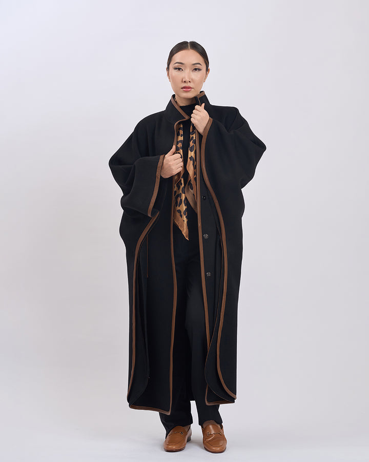 KIMONO LONG Virgin Wool Belted Cape Coat - Black Brown Leather Trim