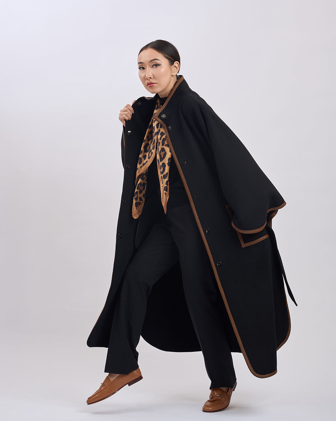 KIMONO LONG Virgin Wool Belted Cape Coat - Black Brown Leather Trim