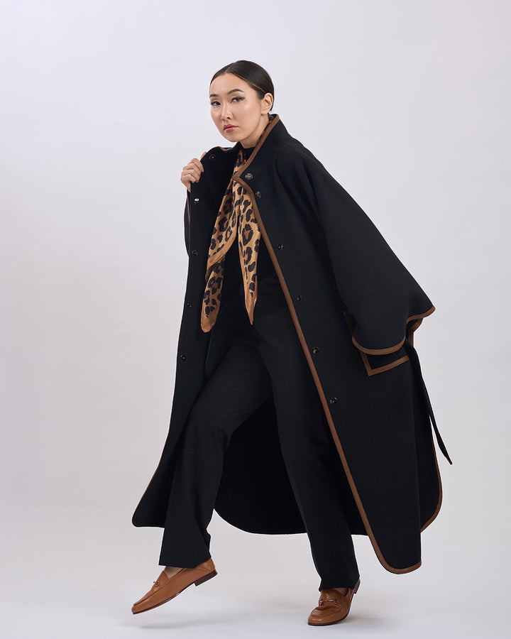 KIMONO LONG Virgin Wool Belted Cape Coat - Black Brown Leather Trim