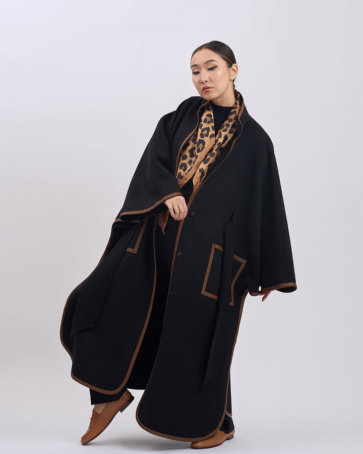 KIMONO LONG Virgin Wool Belted Cape Coat - Black Brown Leather Trim
