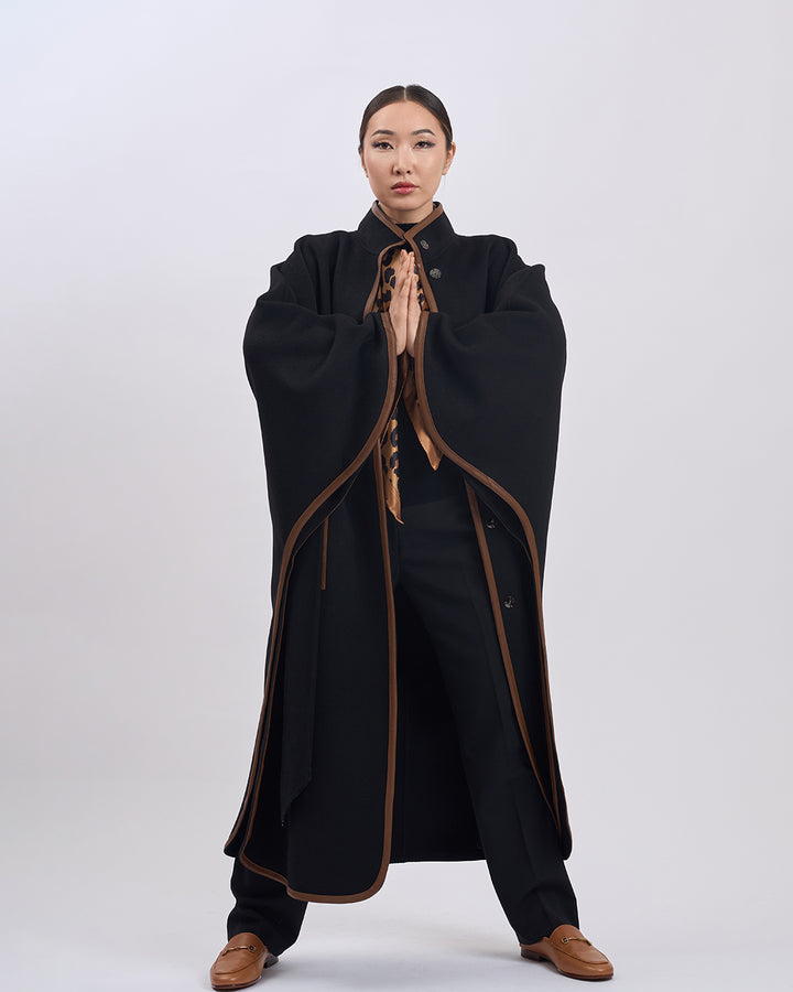 KIMONO LONG Virgin Wool Belted Cape Coat - Black Brown Leather Trim