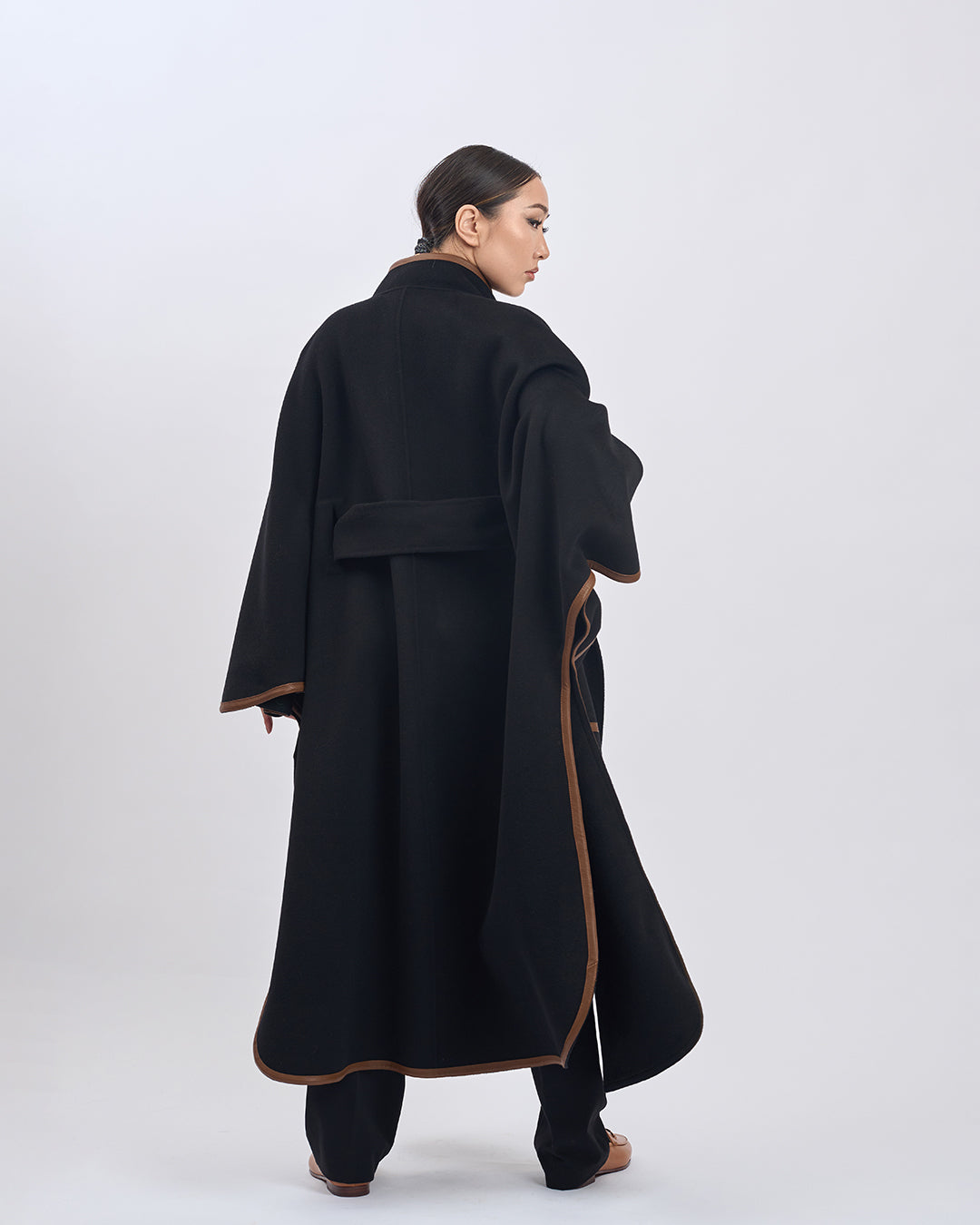 KIMONO LONG Virgin Wool Belted Cape Coat - Black Brown Leather Trim