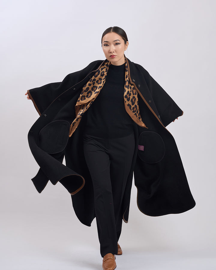 KIMONO LONG Virgin Wool Belted Cape Coat - Black Brown Leather Trim