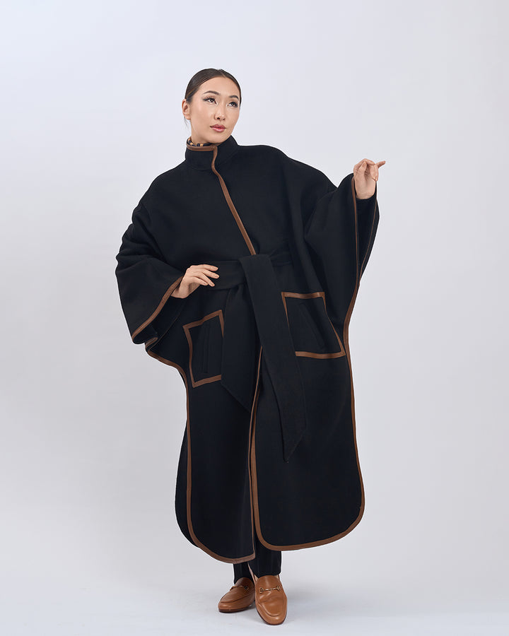 KIMONO LONG Virgin Wool Belted Cape Coat - Black Brown Leather Trim