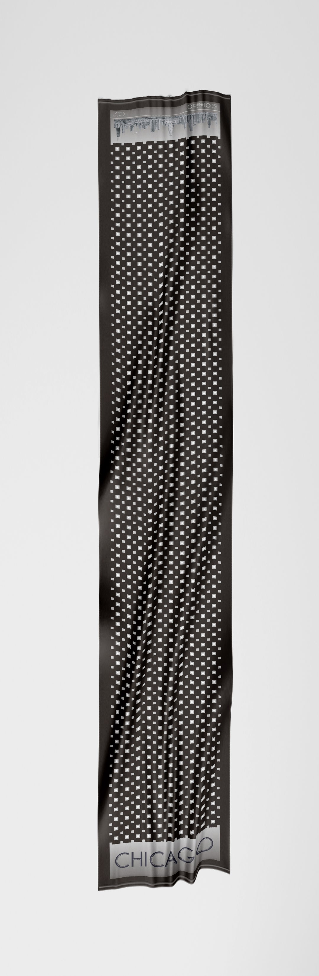 Chicago Harbor Lighthouse Skyline Double-Sided Silk Scarf – Long Rectangle – Black and White