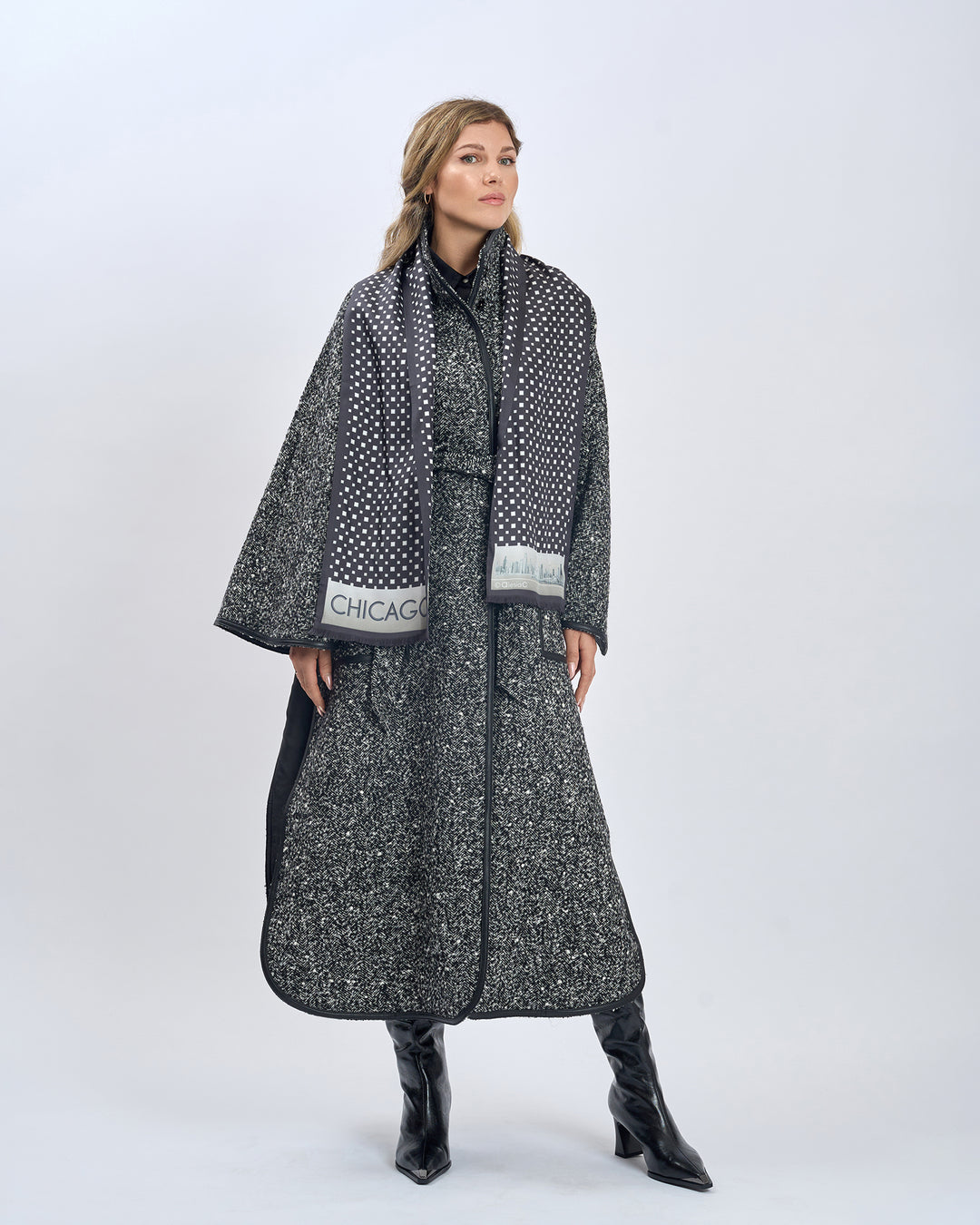 Black White Chicago Skyline Art Double Silk Long Scarf With Fringes Styled With Herringbone Boucle Wool SWAN Cape Long Coat and Black High Boots by Alesia Chaika AlesiaC.com
