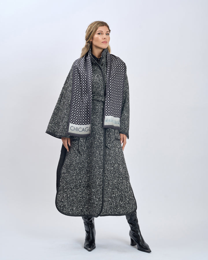 Black White Chicago Skyline Art Double Silk Long Scarf With Fringes Styled With Herringbone Boucle Wool SWAN Cape Long Coat and Black High Boots by Alesia Chaika AlesiaC.com