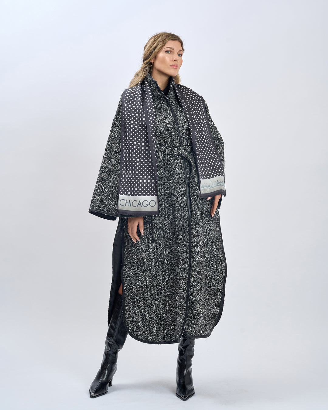 Luxury Designer Black White Chicago Skyline Art Double Silk Long Pure Silk Scarf With Fringes Styled With Herringbone Boucle Wool SWAN Cape Long Coat and Black High Boots by Alesia Chaika AlesiaC.com