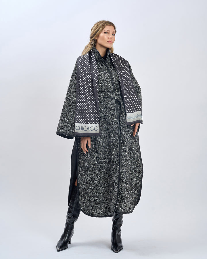 Luxury Designer Black White Chicago Skyline Art Double Silk Long Pure Silk Scarf With Fringes Styled With Herringbone Boucle Wool SWAN Cape Long Coat and Black High Boots by Alesia Chaika AlesiaC.com