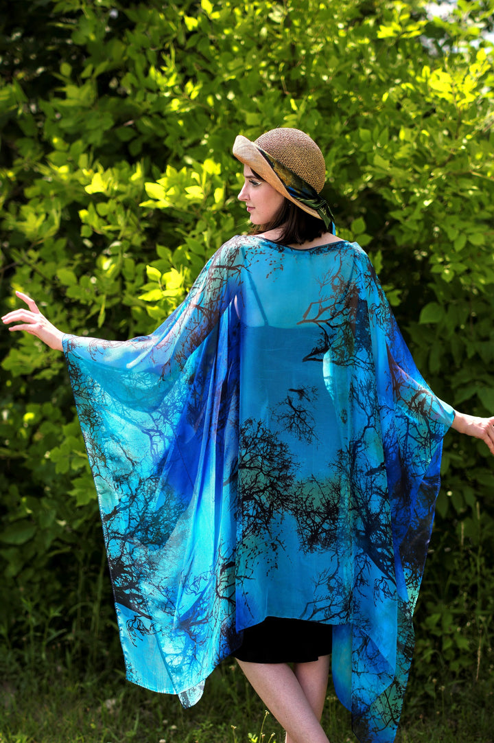 Royal Blue and Green with black 100% silk short caftan by Alesia Chaika