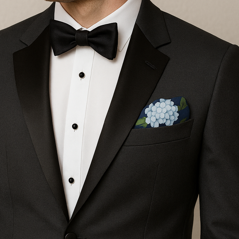 Opulent Hydrangea White Navy Blue Silk Pocket Square 12"×12" Alesia C. Art-A-Porte Collection