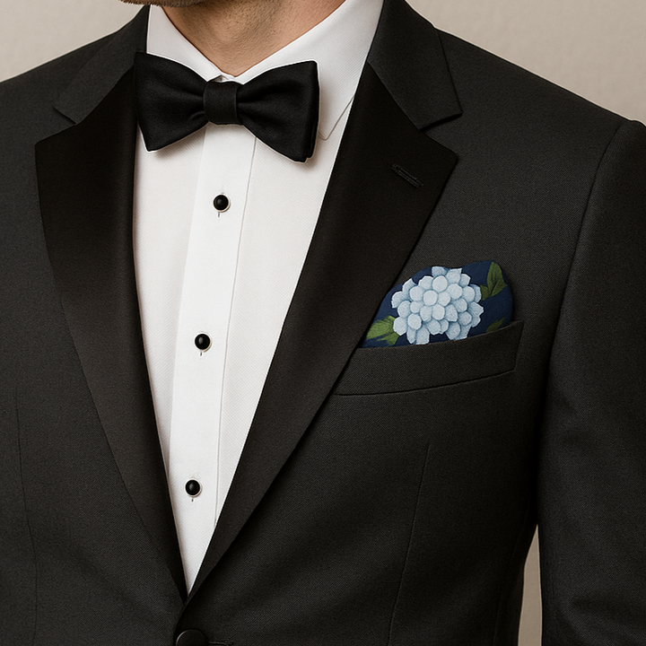 Opulent Hydrangea White Navy Blue Silk Pocket Square 12"×12" Alesia C. Art-A-Porte Collection