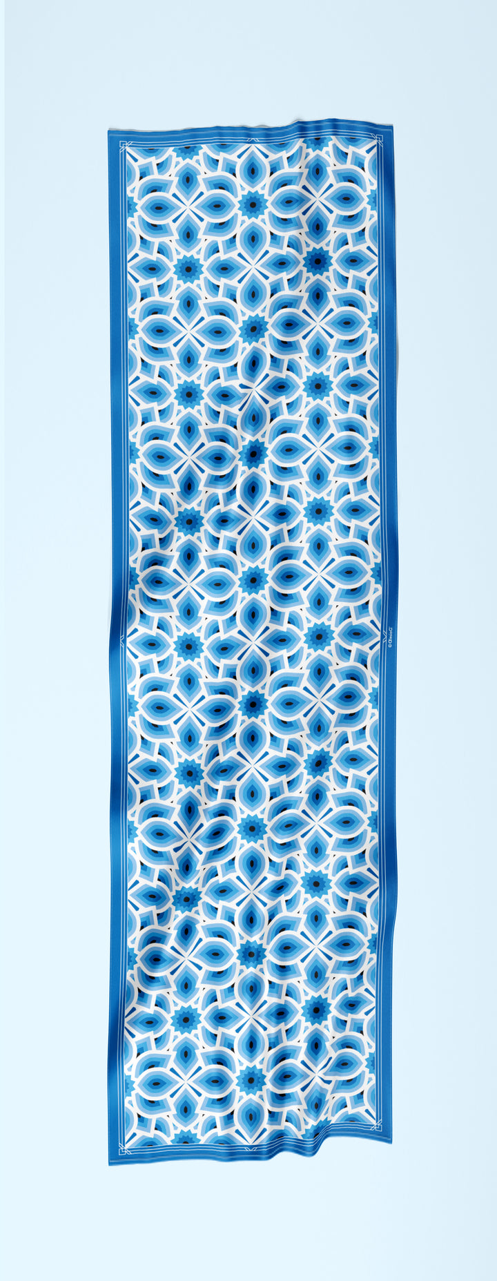 Bright Blue and White LOTUS Print Long Silk Scarf Styled Around Neck and Crepe Sheath V-Neckline and Belt Peacock Blue Cocktail Dress by Alesia Chaika AlesiaC.com 