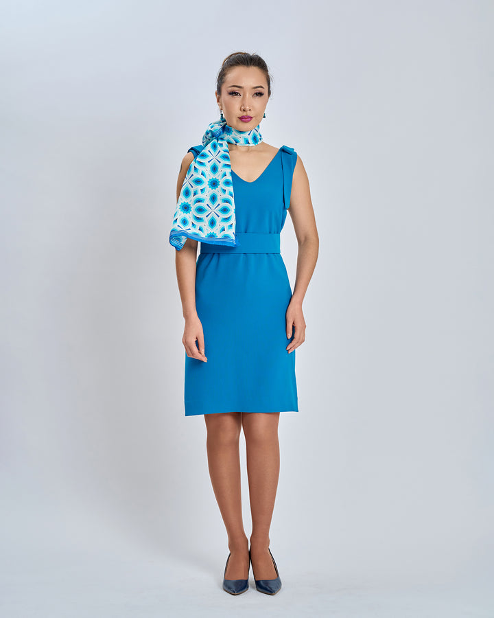 Bright Blue and White LOTUS Print Long Silk Scarf Styled Around Neck and Crepe Sheath V-Neckline and Belt Peacock Blue Cocktail Dress by Alesia Chaika AlesiaC.com 