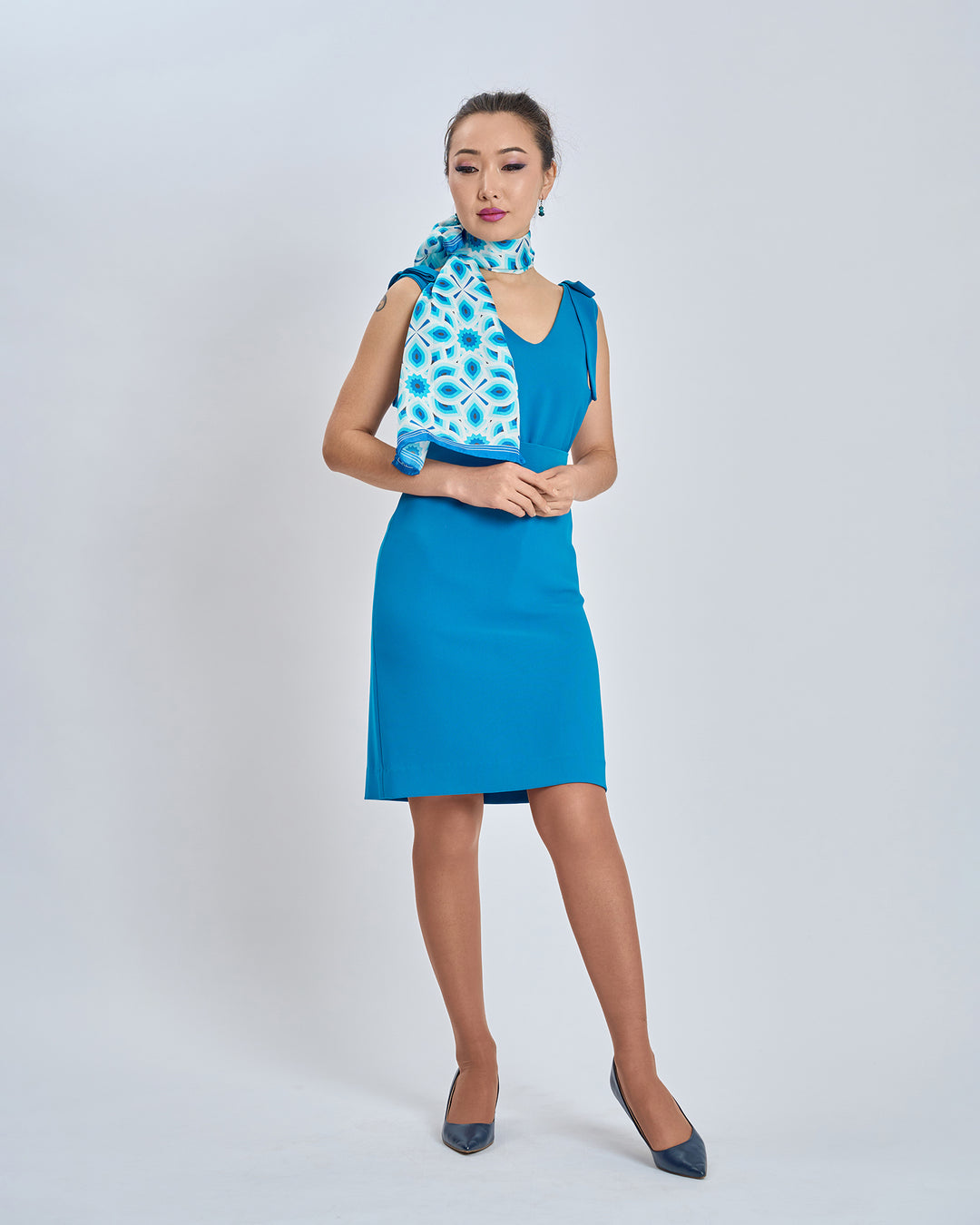 Bright Blue and White LOTUS Print Long Silk Scarf Styled Around Neck and Crepe Sheath V-Neckline and Belt Peacock Blue Cocktail Dress by Alesia Chaika AlesiaC.com 