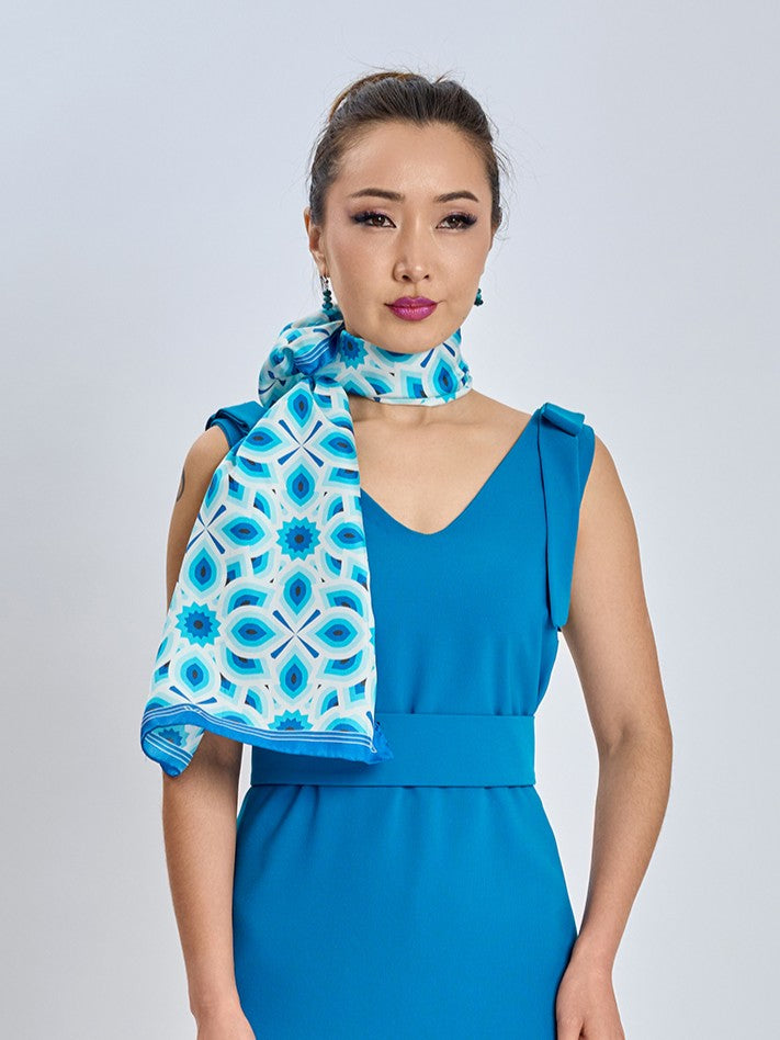 Bright Blue and White LOTUS Print Long Silk Scarf Styled Around Neck and Crepe Sheath V-Neckline and Belt Peacock Blue Cocktail Dress by Alesia Chaika AlesiaC.com 