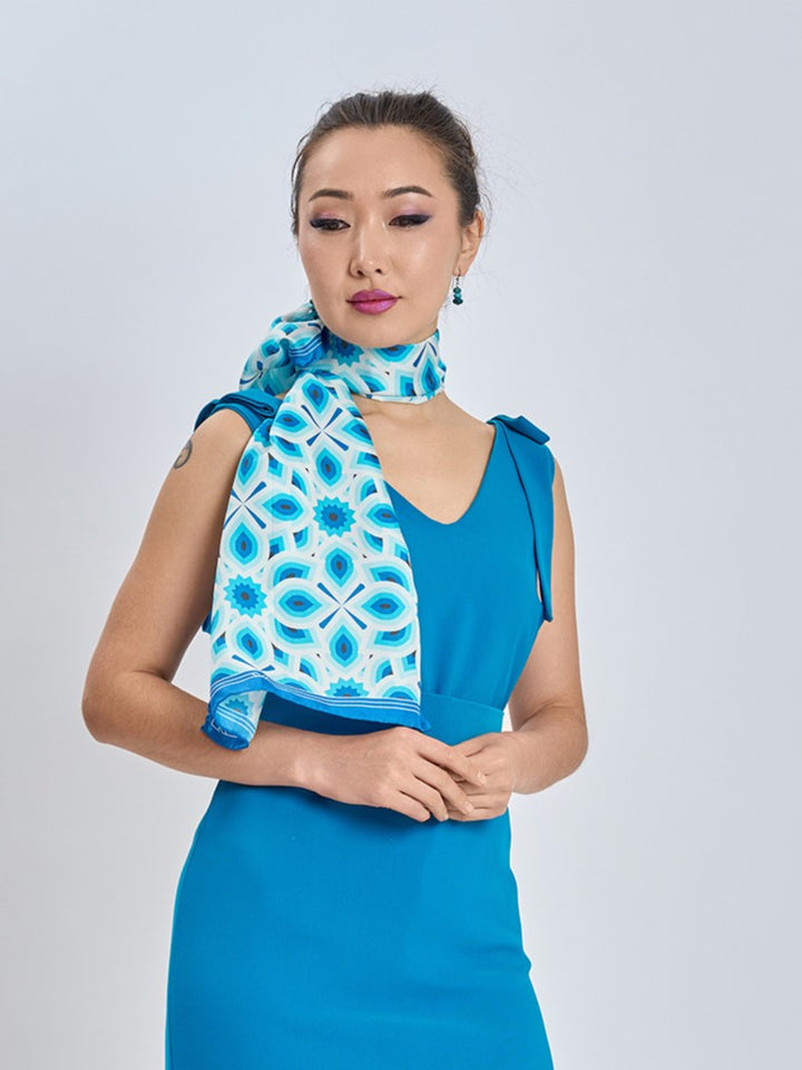 Bright Blue and White LOTUS Print Long Silk Scarf Styled Around Neck and Crepe Sheath V-Neckline and Belt Peacock Blue Cocktail Dress by Alesia Chaika AlesiaC.com 