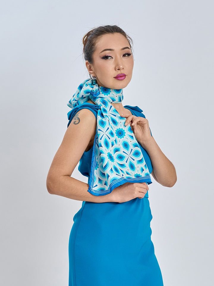Bright Blue and White LOTUS Print Long Silk Scarf Styled Around Neck and Crepe Sheath V-Neckline and Belt Peacock Blue Cocktail Dress by Alesia Chaika AlesiaC.com 