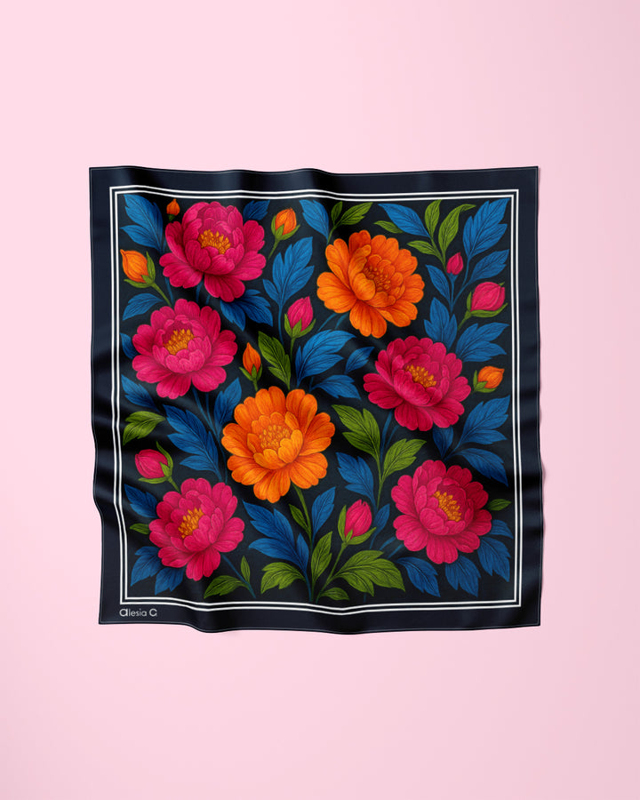 Morning Peonies Pure Silk Scarf in Pink Orange Blue Green and Black  – Alesia C. Floral Collection
