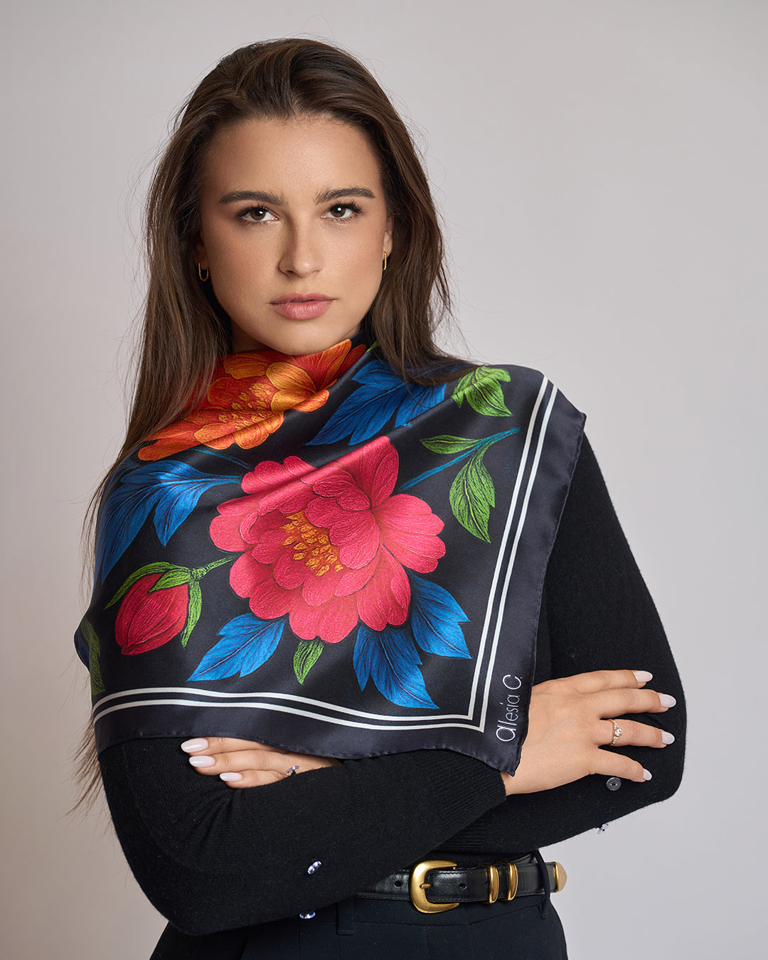 Morning Peonies Pure Silk Scarf in Pink Orange Blue Green and Black  – Alesia C. Floral Collection