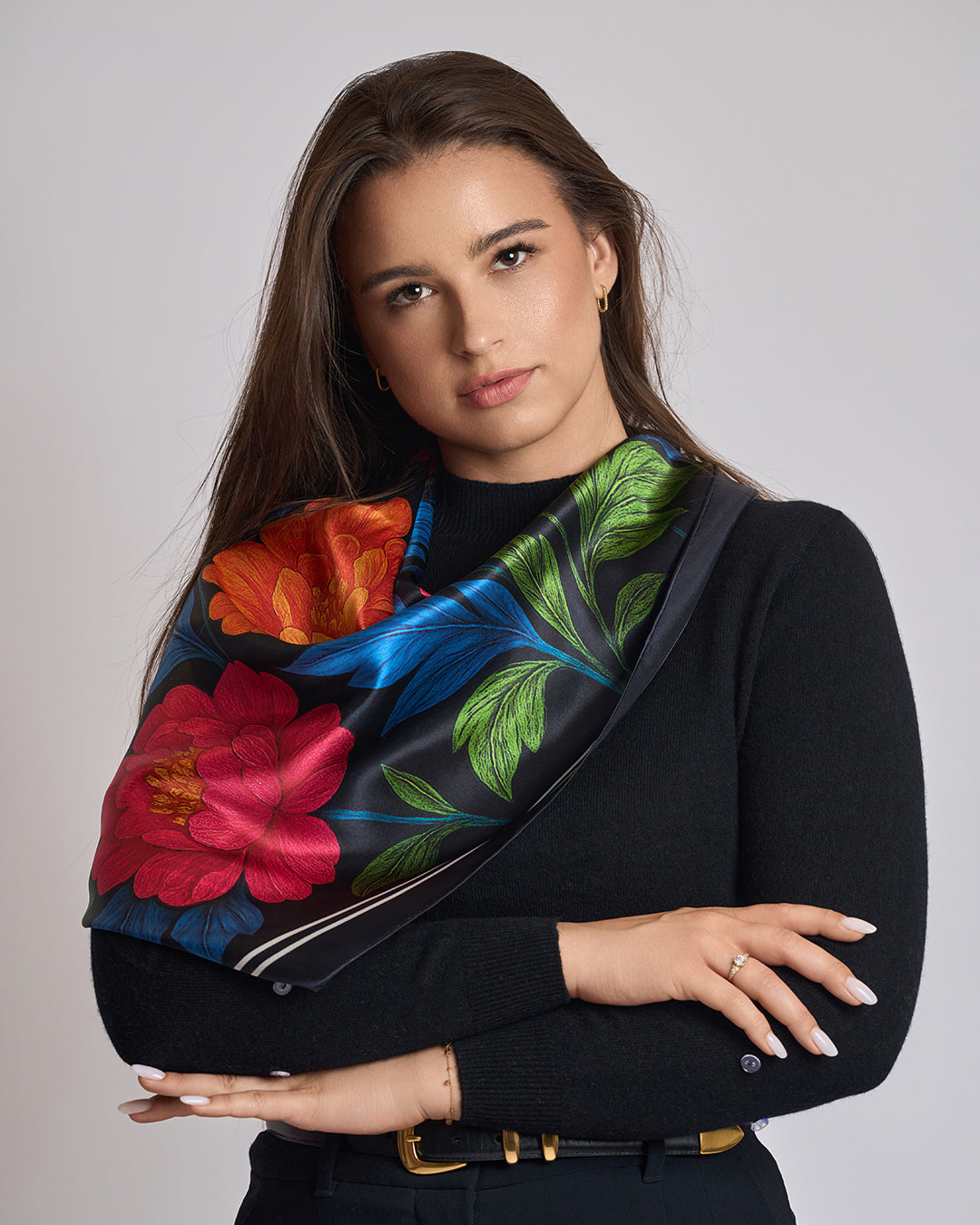 Morning Peonies Pure Silk Scarf in Pink Orange Blue Green and Black  – Alesia C. Floral Collection