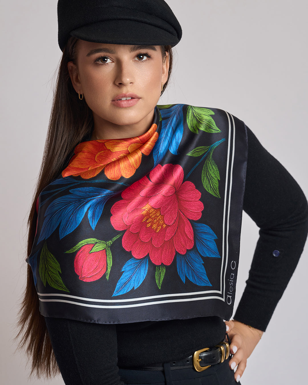 Morning Peonies Pure Silk Scarf in Pink Orange Blue Green and Black  – Alesia C. Floral Collection