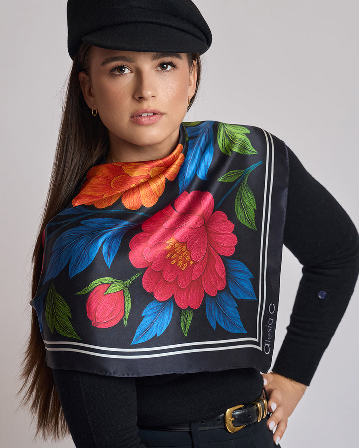 Morning Peonies Pure Silk Scarf in Pink Orange Blue Green and Black  – Alesia C. Floral Collection