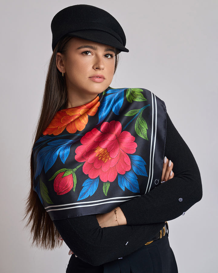 Morning Peonies Pure Silk Scarf in Pink Orange Blue Green and Black  – Alesia C. Floral Collection