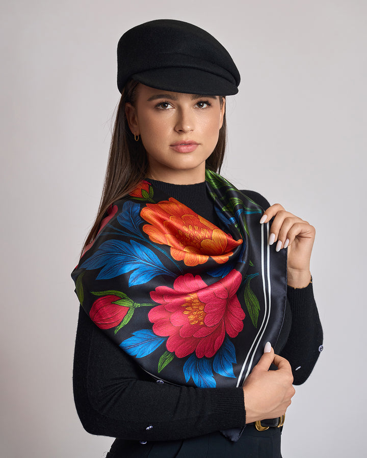 Morning Peonies Pure Silk Scarf in Pink Orange Blue Green and Black  – Alesia C. Floral Collection