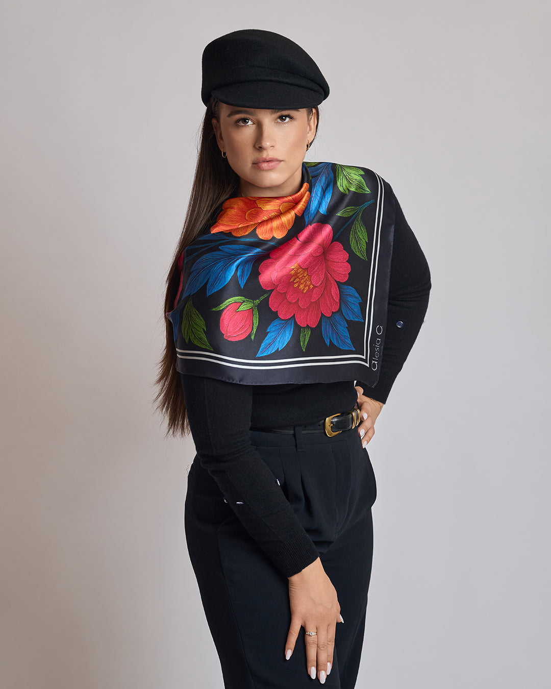 Morning Peonies Pure Silk Scarf in Pink Orange Blue Green and Black  – Alesia C. Floral Collection