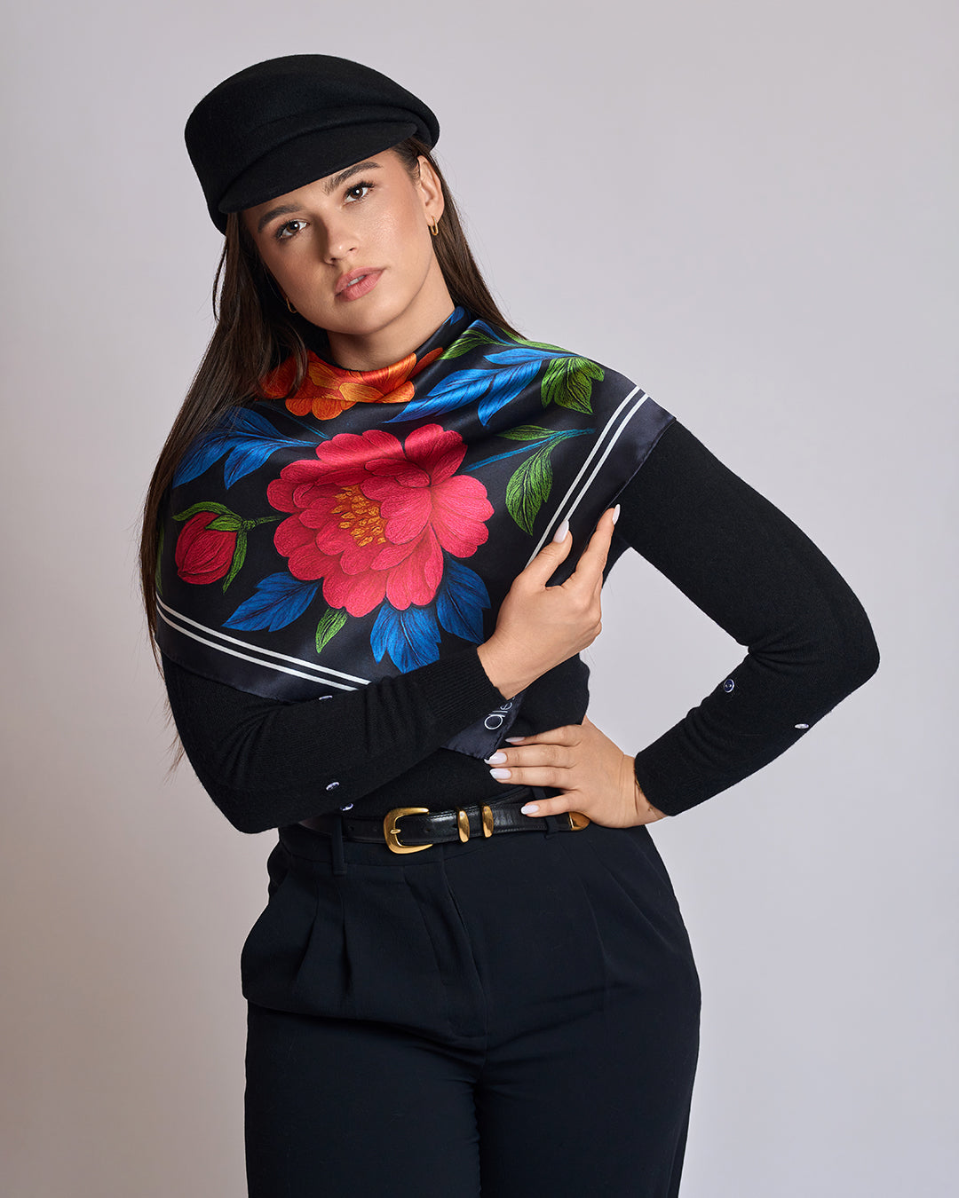 Morning Peonies Pure Silk Scarf in Pink Orange Blue Green and Black  – Alesia C. Floral Collection