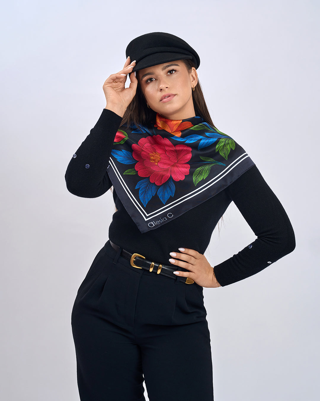 Morning Peonies Pure Silk Scarf in Pink Orange Blue Green and Black  – Alesia C. Floral Collection