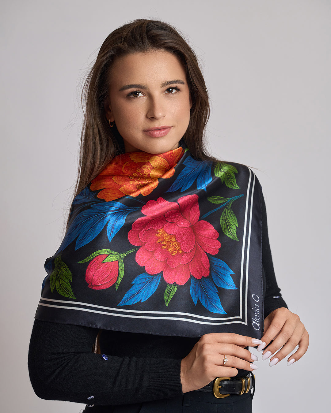 Morning Peonies Pure Silk Scarf in Pink Orange Blue Green and Black  – Alesia C. Floral Collection