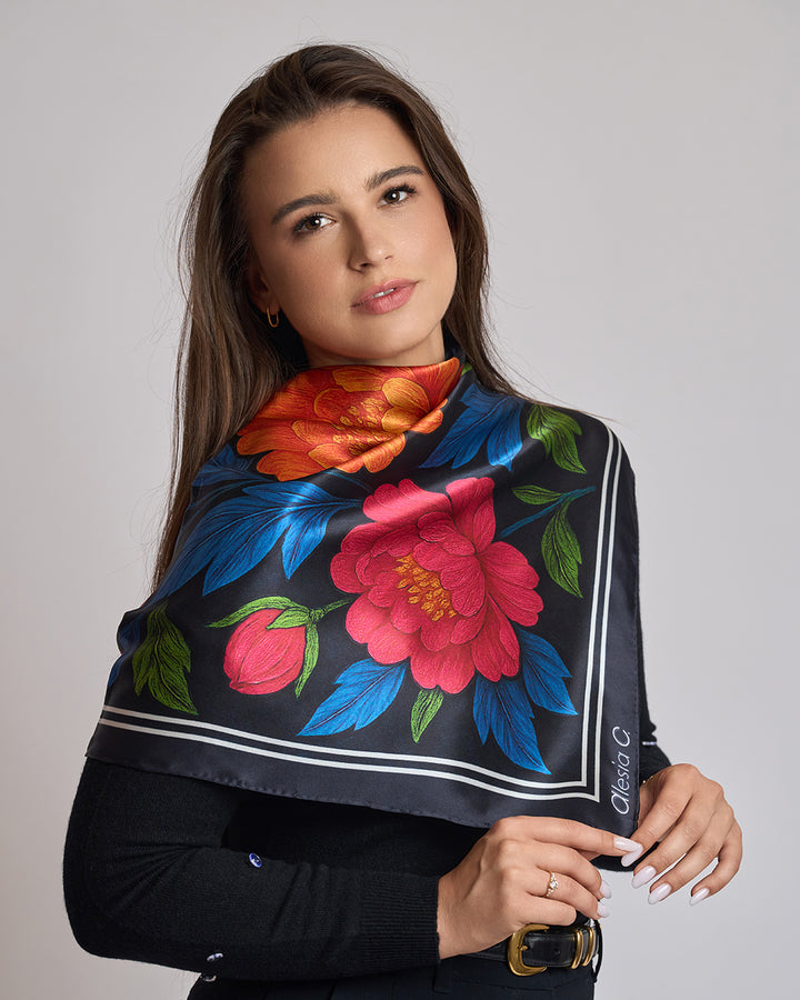 Morning Peonies Pure Silk Scarf in Pink Orange Blue Green and Black  – Alesia C. Floral Collection
