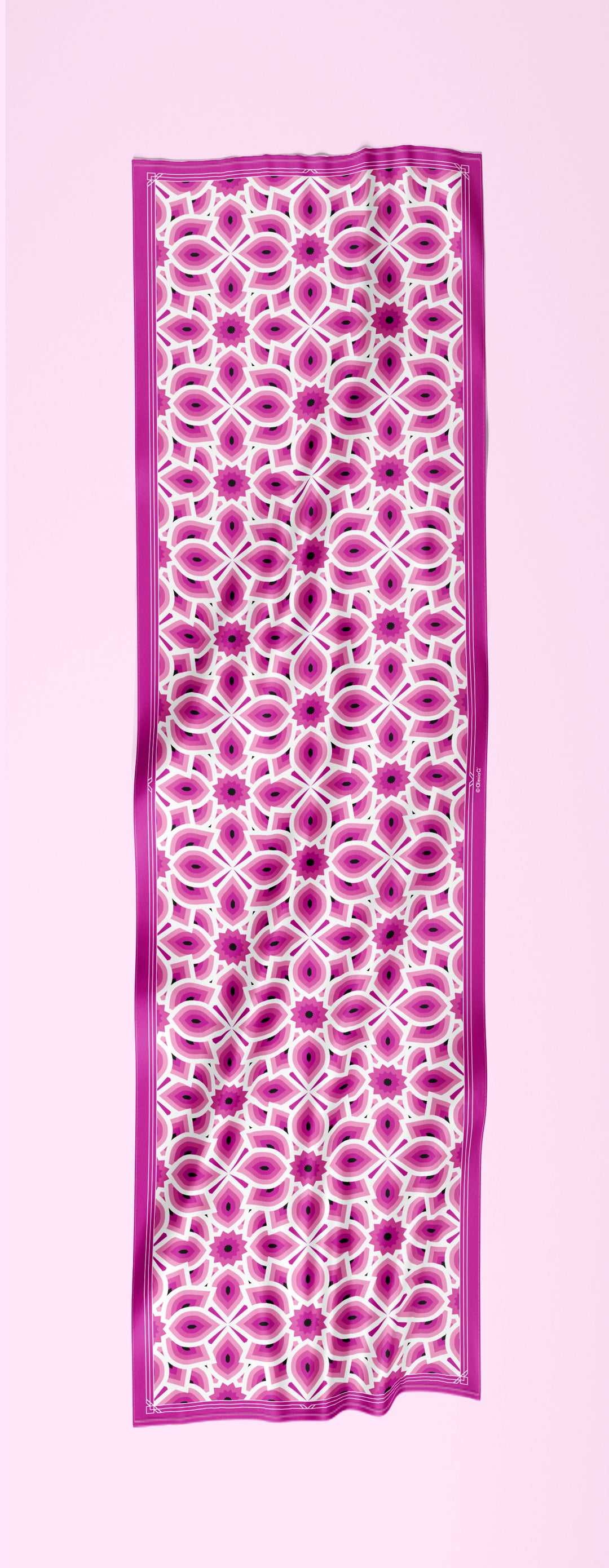 LOTUS Bright Pink and White Print Long Silk Scarf Styled With Cream Button Down Crepe Collar Dress Shirt and Dressy Cream Crepe Trousers by Alesia Chaika AlesiaC.com 