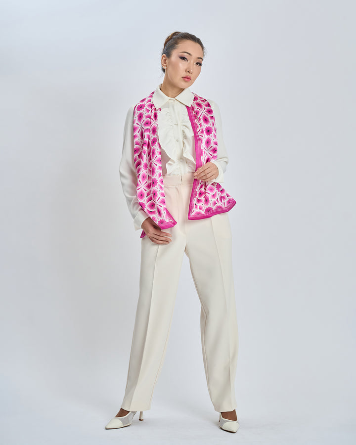 LOTUS Bright Pink and White Print Long Silk Scarf Styled With Cream Button Down Crepe Collar Dress Shirt and Dressy Cream Crepe Trousers by Alesia Chaika AlesiaC.com 