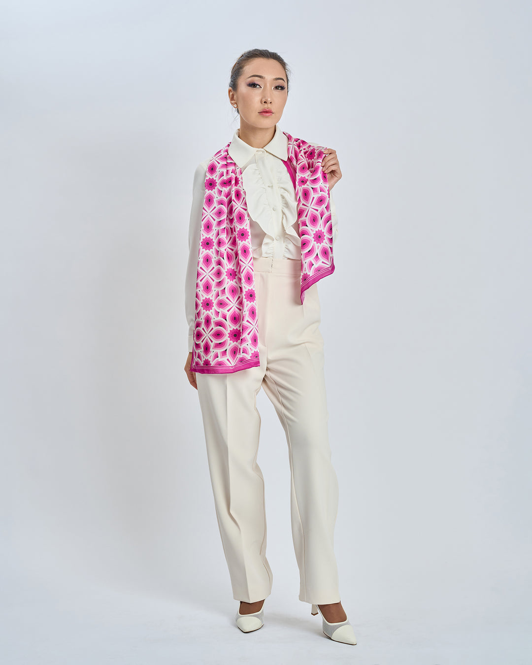 LOTUS Bright Pink and White Print Long Silk Scarf Styled With Cream Button Down Crepe Collar Dress Shirt and Dressy Cream Crepe Trousers by Alesia Chaika AlesiaC.com 