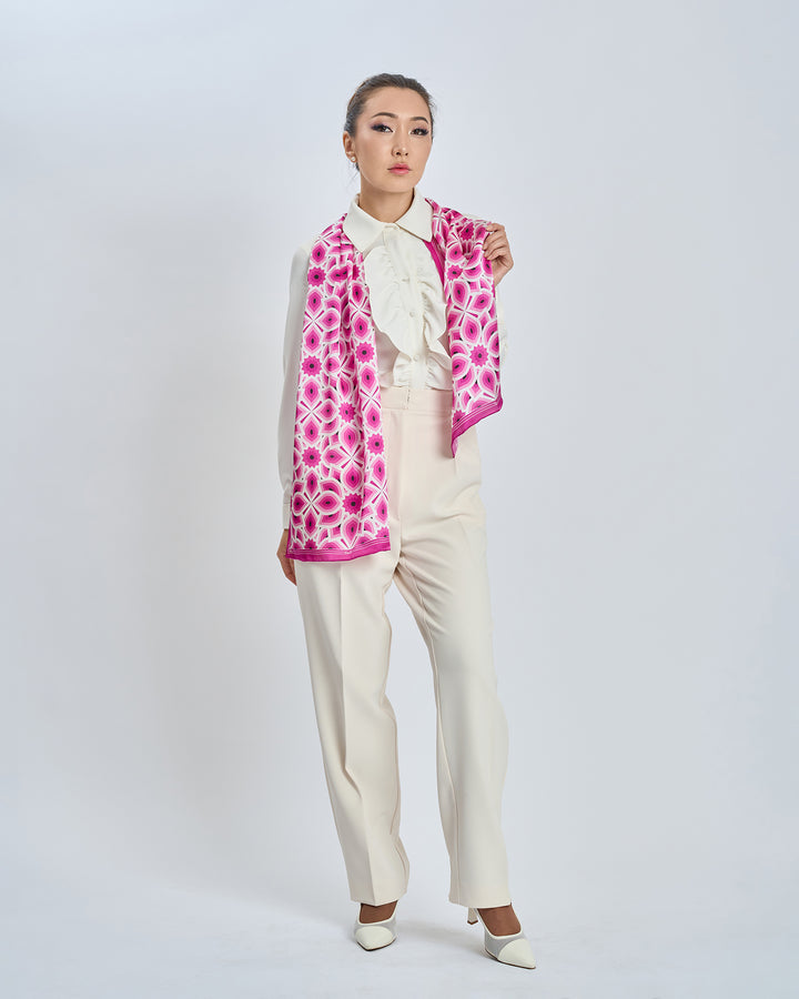 LOTUS Bright Pink and White Print Long Silk Scarf Styled With Cream Button Down Crepe Collar Dress Shirt and Dressy Cream Crepe Trousers by Alesia Chaika AlesiaC.com 