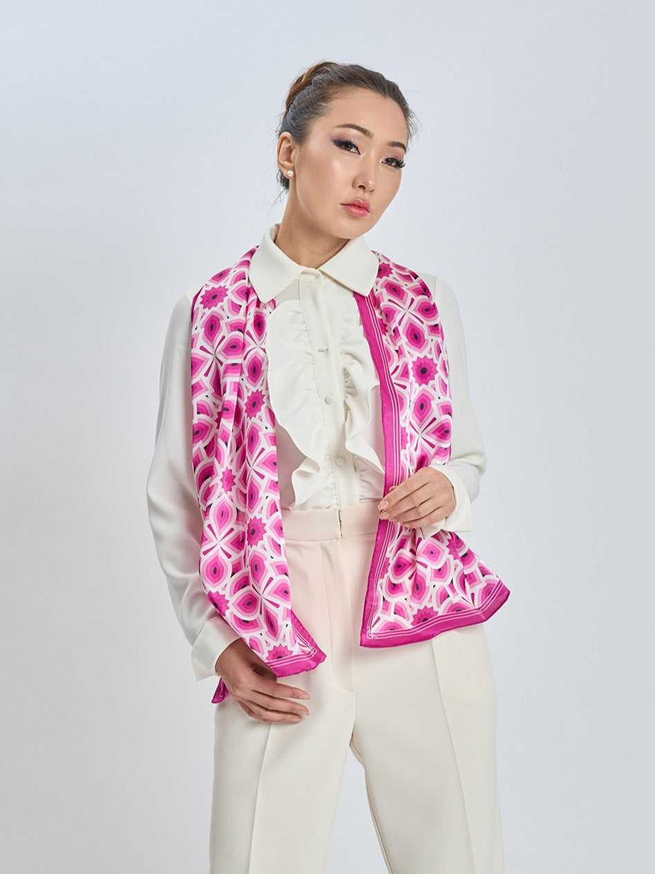 LOTUS Bright Pink and White Print Long Silk Scarf Styled With Cream Button Down Crepe Collar Dress Shirt and Dressy Cream Crepe Trousers by Alesia Chaika AlesiaC.com 