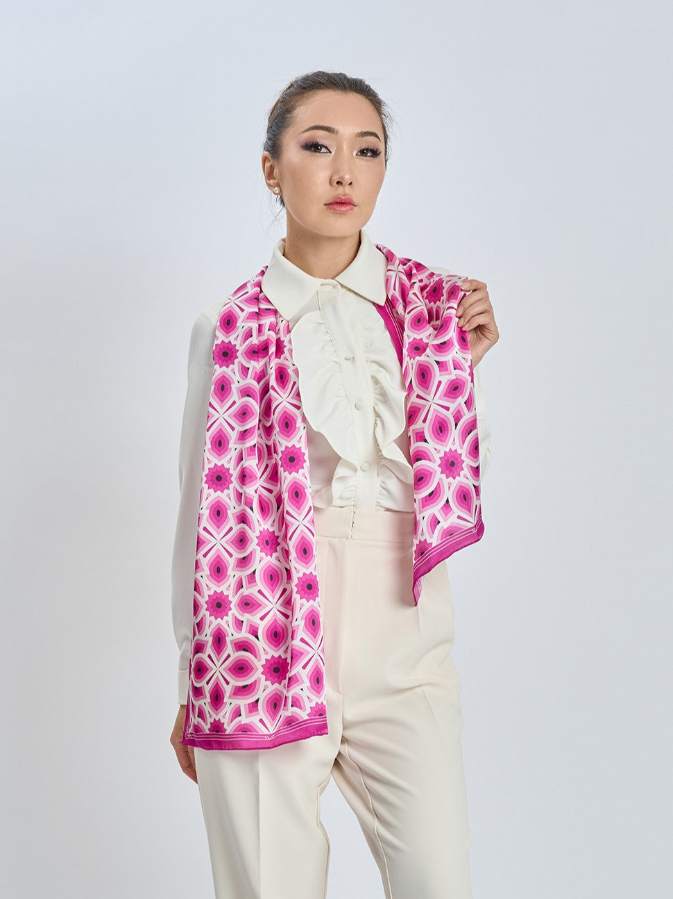 LOTUS Bright Pink and White Print Long Silk Scarf Styled With Cream Button Down Crepe Collar Dress Shirt and Dressy Cream Crepe Trousers by Alesia Chaika AlesiaC.com 