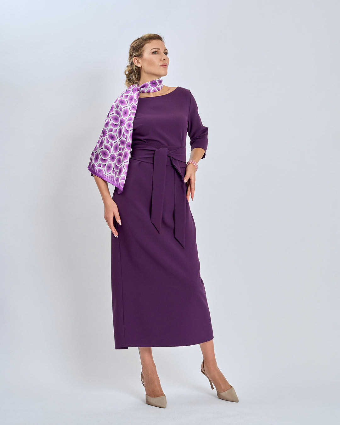 LOTUS Bright Purple Lavender and White Print Long Silk Scarf Styled With Purple Eggplant Crepe Sheath Belted Dress by Alesia Chaika AlesiaC.com 