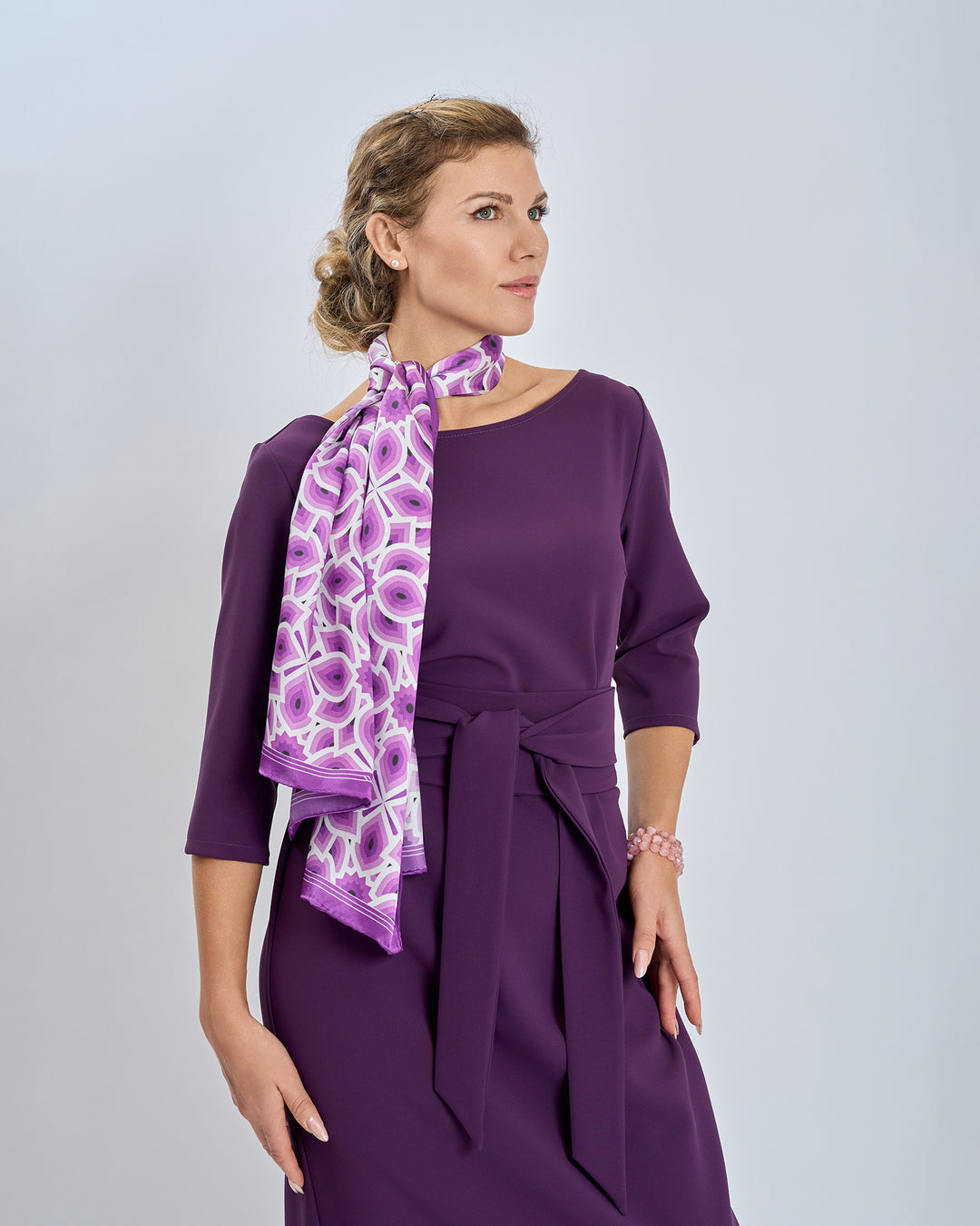 LOTUS Bright Purple Lavender and White Print Long Silk Scarf Styled With Purple Eggplant Crepe Sheath Belted Long Dress by Alesia Chaika AlesiaC.com 