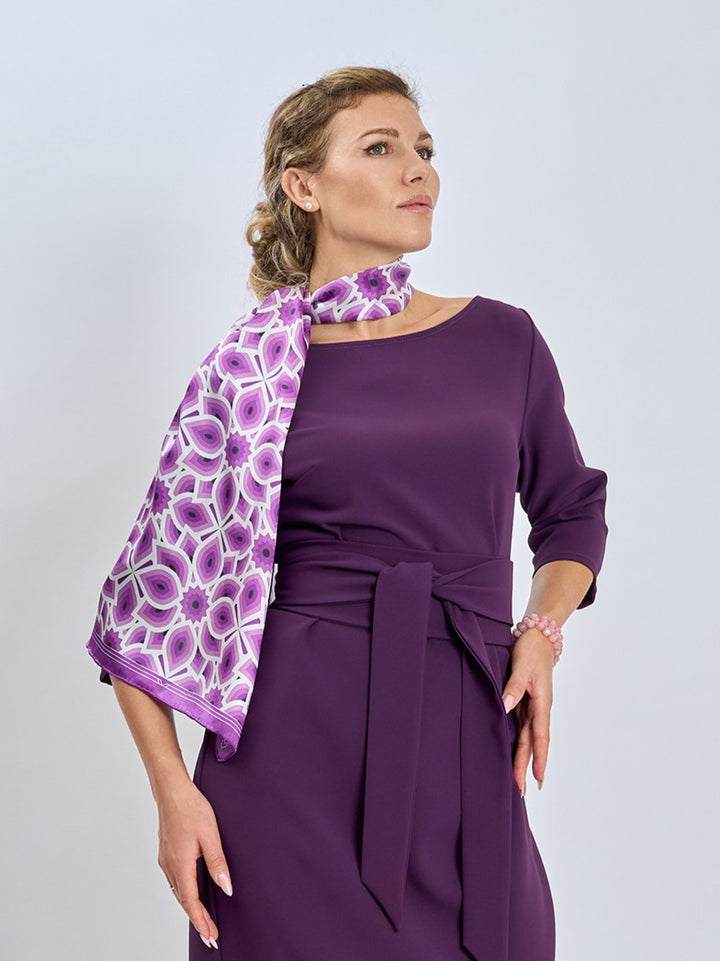 LOTUS Bright Purple Lavender and White Print Long Silk Scarf Styled As A Choker Over The Neck With Purple Eggplant Crepe Sheath Belted Long Dress by Alesia Chaika AlesiaC.com 