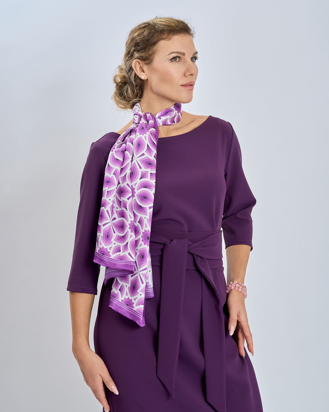 LOTUS Bright Purple Lavender and White Print Long Silk Scarf Styled As A Choker Over The Neck With Purple Eggplant Crepe Sheath Belted Long Dress by Alesia Chaika AlesiaC.com 