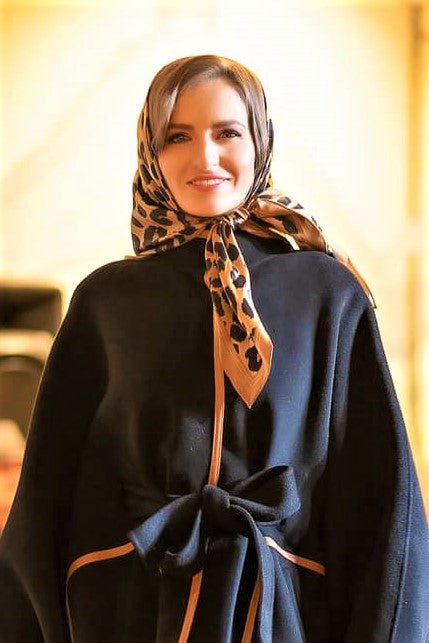 woman with Cheetah pure silk scarf black brown