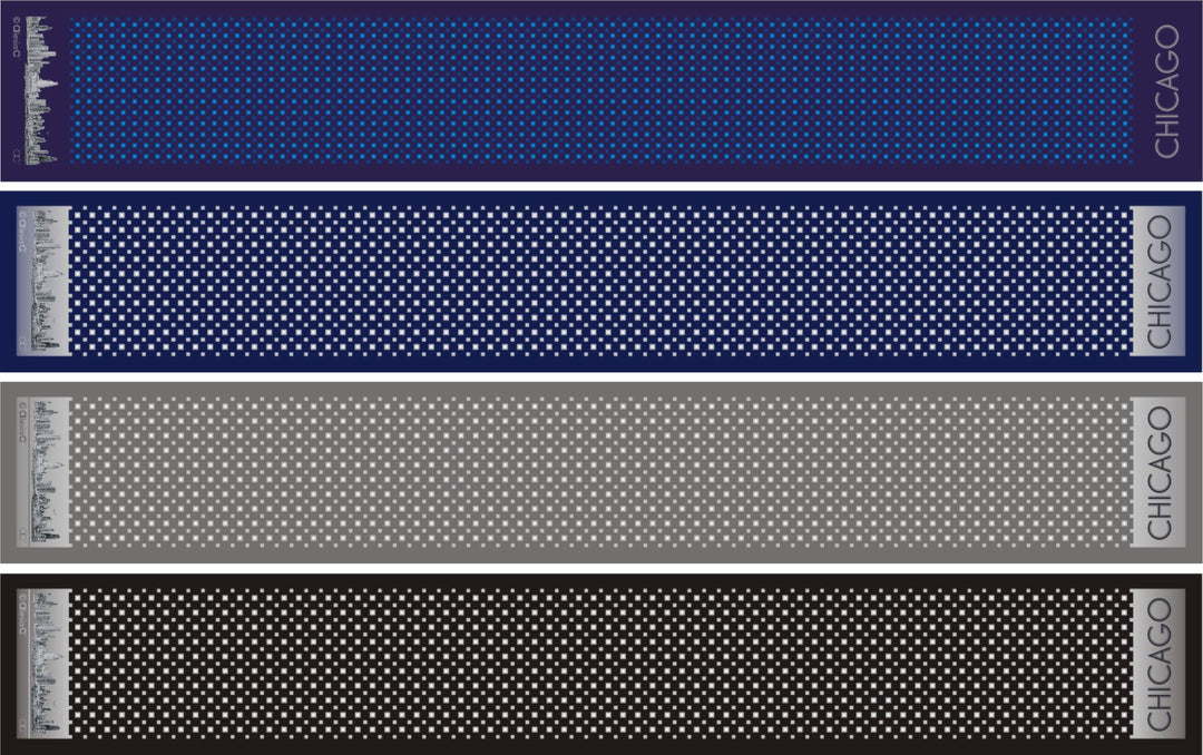 Chicago Harbor Lighthouse Skyline Double-Sided Silk Scarf – Long Rectangle – Black and White by Chicago Based Artist And fashion Designer Alesia Chaika. AlesiaC.com