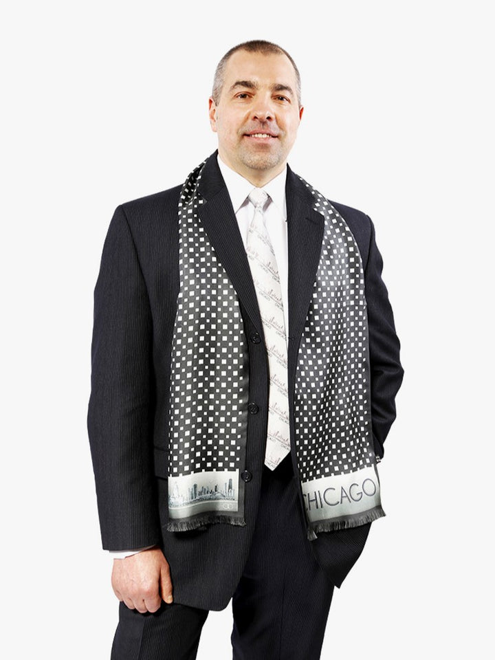 Chicago Harbor Lighthouse Skyline Double-Sided Silk Scarf – Long Rectangle – Black and White by Chicago Based Artist And fashion Designer Alesia Chaika. AlesiaC.com