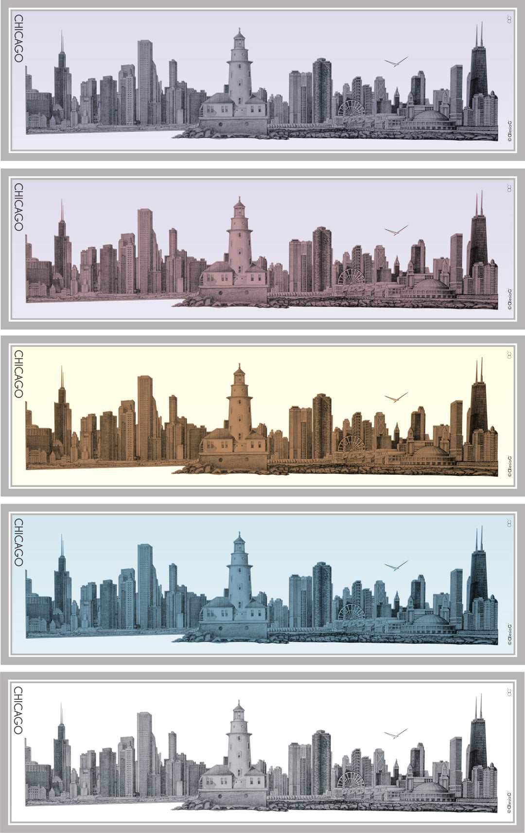 Chicago Harbor Lighthouse Skyline Mulberry Silk Charmeuse Rectangle Scarf – Gold and Ivory