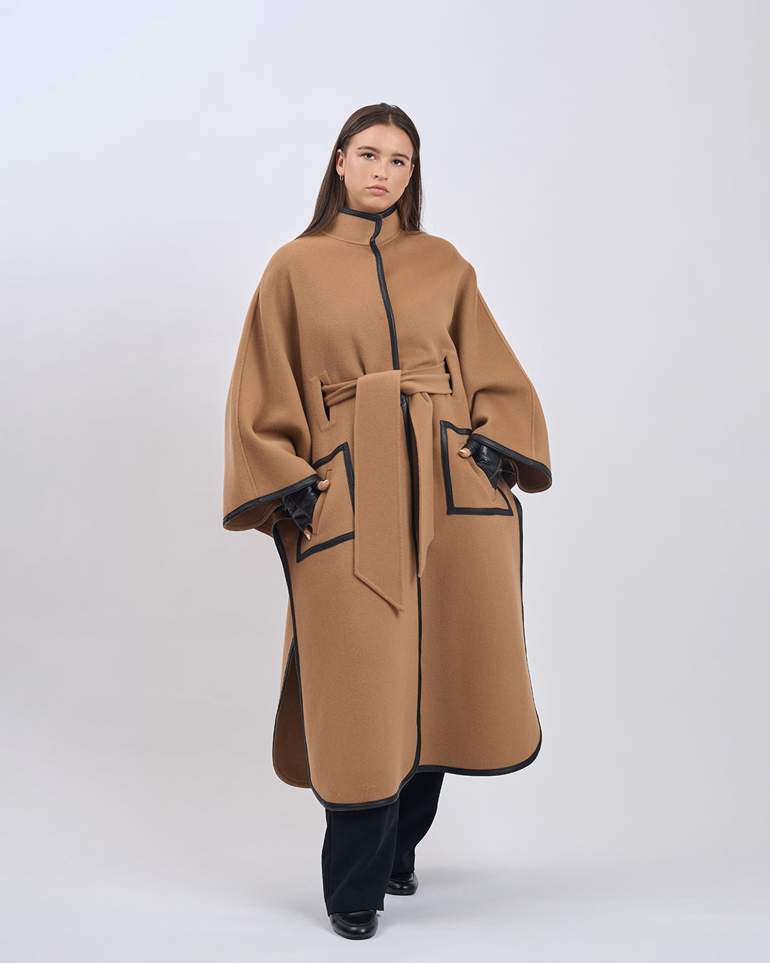 KIMONO LONG Virgin Wool Belted Cape Coat - Camel Black Leather Trim
