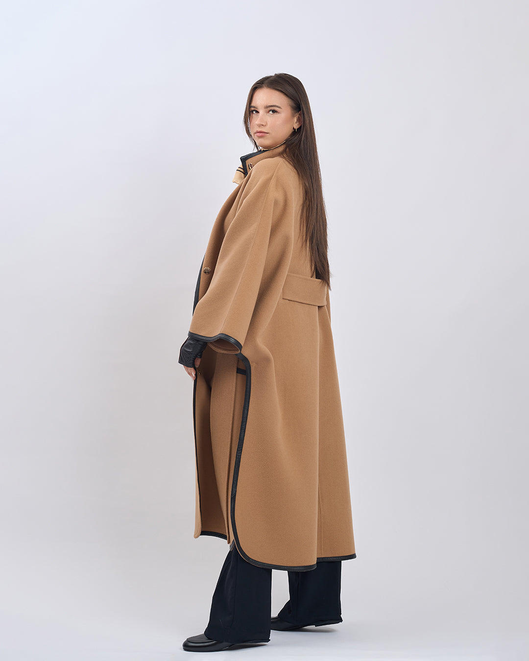 KIMONO LONG Virgin Wool Belted Cape Coat - Camel Black Leather Trim